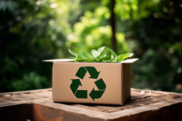 Generative Ai illustration of recycled cardboard box with recycle logo with green forest background - obrazy, fototapety, plakaty