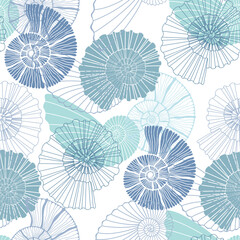 Seashells. Abstract vector background on the marine theme. Seamless pattern on white. Perfect for wallpaper, wrapping, fabric and textile.