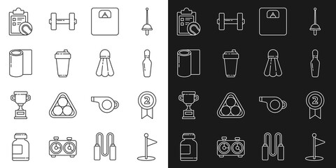 Set line Golf flag, Medal, Bowling pin, Bathroom scales, Fitness shaker, mat roll, Checklist clipboard and tennis ball and Badminton shuttlecock icon. Vector