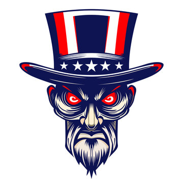Evil Uncle Sam vector illustration , Uncle Sam in US flag colors , hat with stars and USA flag colors stock vector image, Evil old man in US flag design stock vector