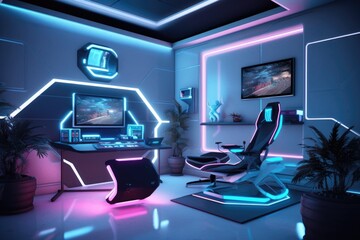 futuristic vr gaming station with led lighting, created with generative ai