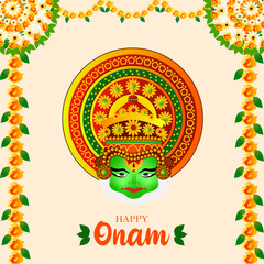 Happy Onam festival background. Kerala festival vector background with kathakali face.