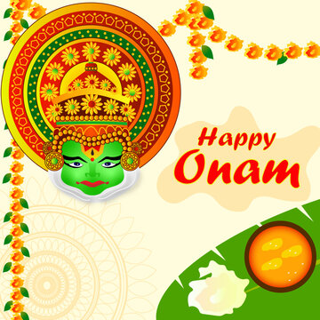 Happy Onam festival background. Kerala festival vector background with kathakali face.