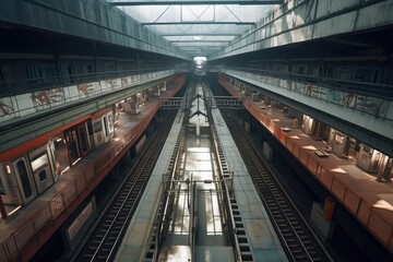 birds-eye view of empty, clean subway station platform, created with generative ai