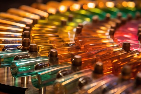 close-up of a glass armonica, spinning glass discs, created with generative ai