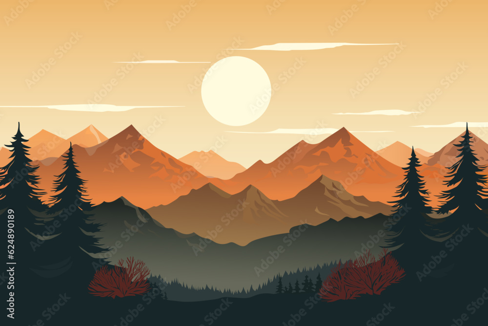 Wall mural Beautiful mountain landscape. Wonderful landscape of mountains and forests at sunset. The concept of travel, hiking, outdoor activities and adventure. Landscape for flyer, postcard, nature design.