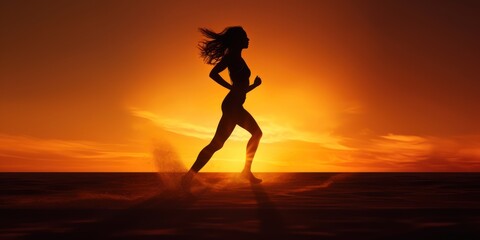 woman running silhouette, sun behind, black silhouette, hopeful atmosphere