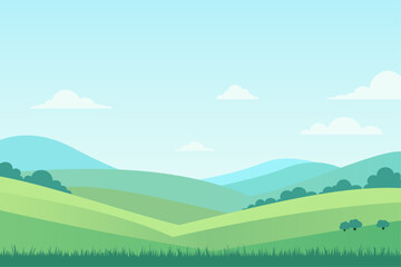 Obraz na płótnie Canvas Landscape vector illustration of green fields and meadows. Simple landscape of natural green fields with lush grass. natural landscape