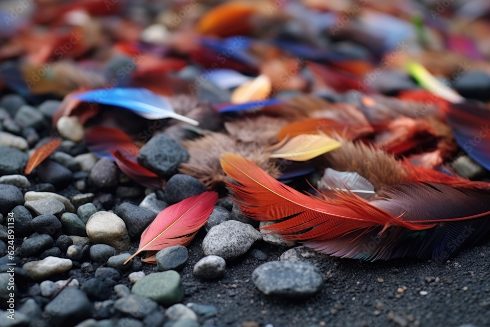 Sticker close-up of rare bird feathers on the ground, created with generative ai