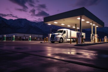 white semi-truck parked at a truck stop with rows of fuel pumps, created with generative ai