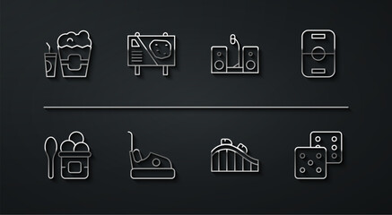 Set line Popcorn in box and glass, Ice cream bowl, Hockey table, Roller coaster, Bumper car, Amusement park billboard, Game dice and Home stereo with two speakers icon. Vector