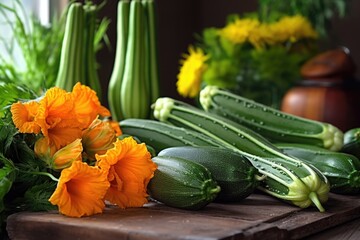 zucchini flowers blooming next to ripe vegetables, created with generative ai