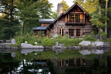 Fototapeta na wymiar rustic log cabin by a serene lakeside, created with generative ai