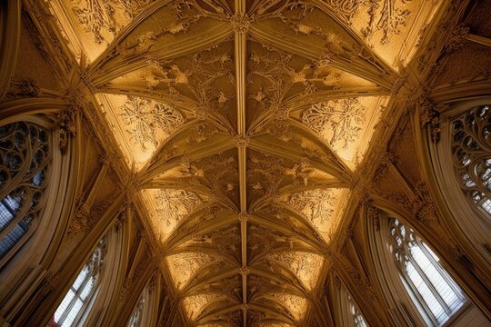 intricate gold leaf details on a cathedral ceiling, created with generative ai