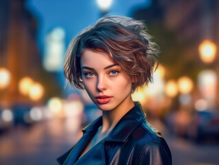 Porträt einer schönen Frau auf der Straße in einer nächtlichen Stadt mit Lichtern. Generative AI
