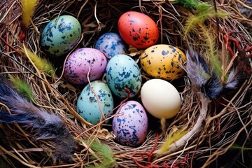 Fototapeta na wymiar colorful eggs in a well-camouflaged nest, created with generative ai