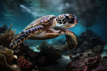 Fototapeta na wymiar Close up of an adult turtle swimming underwater. Underwater world, portrait of an aquatic turtle in the depths of the blue ocean. Wallpaper tropical animal world.