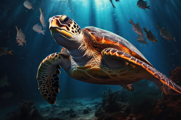 Closeup of an adult turtle swimming underwater. Underwater world, portrait of an aquatic turtle in the depths of the blue ocean. Wallpaper tropical animal world.