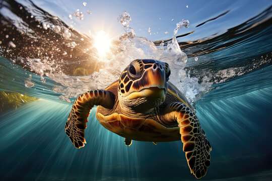 Closeup of an adult turtle swimming underwater. Underwater world, portrait of an aquatic turtle in the depths of the blue ocean. Wallpaper tropical animal world.