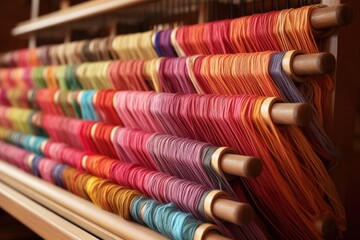 colorful silk threads on a vintage wooden loom, created with generative ai