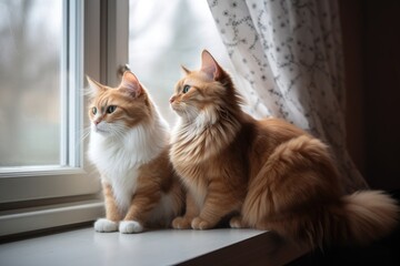 cats, sitting together on window sill, looking out at the world, created with generative ai