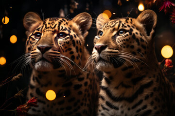 Photo of two majestic leopards standing side by side in the wild
