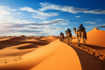 Photo of a camel caravan crossing a vast desert landscape