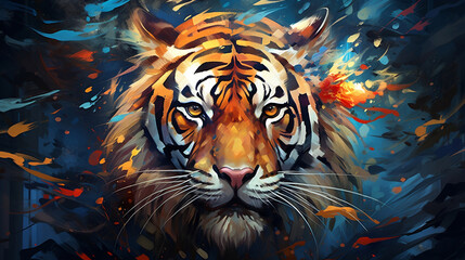 Obraz premium Abstract fantasy Bengal tiger in blue, orange, and gold. Big jungle cat. Feline portrait carnivore, Generative Ai