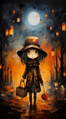 Halloween girl going trick-or-treating on a Halloween night.