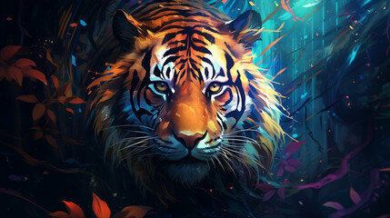 Abstract fantasy Bengal tiger in blue, orange, and gold. Big jungle cat. Feline portrait carnivore, Generative Ai