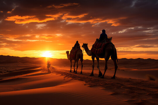 Photo of people riding on camels in the desert