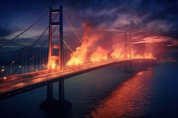 AI-generated illustration about an explosion on Kerch Strait Bridge of Crimea on fire. Concept of sabotage to logistic in an apocalyptic war. Hellish battlefield in a wasteland city of Ukraine.
