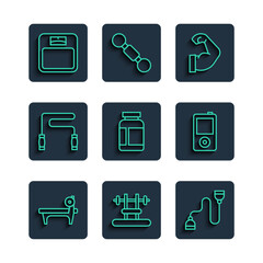 Set line Bench with barbel, Chest expander, Bodybuilder muscle, Sports nutrition, Jump rope, Bathroom scales and Music player icon. Vector