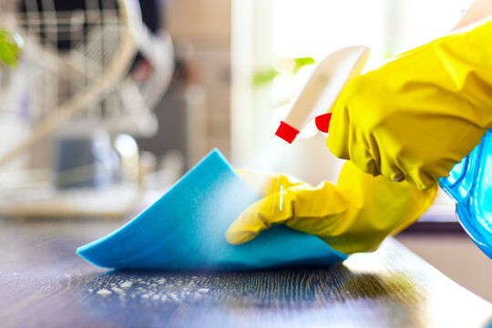 Housewife in yellow gloves wipes dust using spray detergent and rag