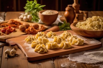 freshly made pasta dough on a wooden board, created with generative ai