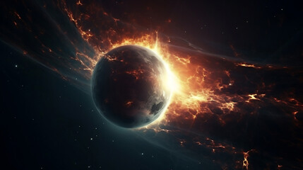 Fototapeta premium Abstract planet eclipse in space. Alien worlds with glowing lens flares. Sun and moon solar flares, Generative Ai