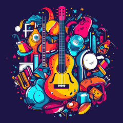 Abstract musical instruments guitars. Music summer festival. Sale of musical instruments. Cartoon vector illustration.