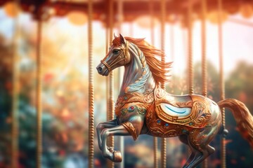 a single carousel horse against a blurred, dreamy background, created with generative ai