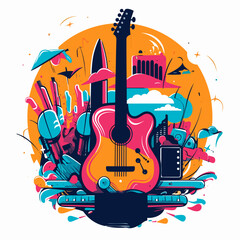 Obraz premium Invitation to the music club. DJ template. Guitar solo. Cartoon illustration.