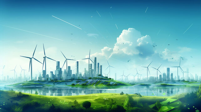 Abstract Windmill Farm. Clean Energy Environmentalism. Green Renewable Energy Against City Background, Generative Ai