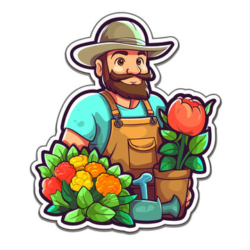 Gardener takes care of her flowers. Gardening work, maintenance of greenery and parks. Cartoon vector illustration.