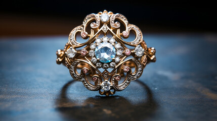 Obraz premium Closeup of decorative jewelry broach. Antique, luxury, diamond and gold ring. Jewels, gems, sparkle background. Vintage, Generative Ai