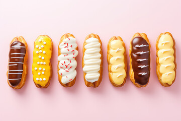 Top view Delicious eclairs with custard on flat background with copy space. Pastry shop banner template. French eclairs in chocolate coating and sprinkles.