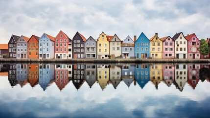 Obraz premium Colorful row of homes on a lake. Reflection of houses in the water. Old buildings in Europe. Architectural landscape, Generative Ai