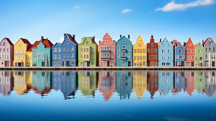 Fototapeta na wymiar Colorful row of homes on a lake. Reflection of houses in the water. Old buildings in Europe. Architectural landscape, Generative Ai
