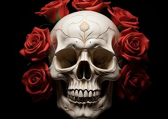 A skull wearing red roses on a black background.