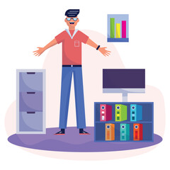 Business environment concept with business man character and files Vector