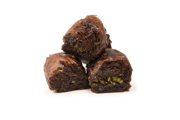 Turkish chocolate baklava isolated on white background.