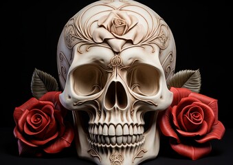 A skull wearing red roses on a black background.
