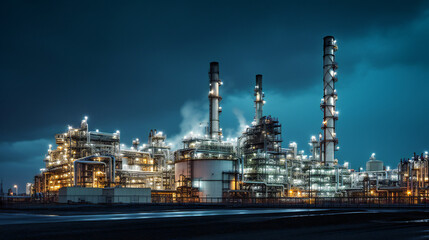 Refinery at night with chimneys, smoke, lights, in production